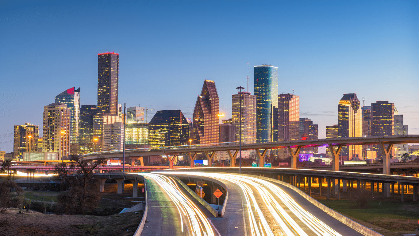 Houston skyline at dusk representing access to ABA therapy and autism services for families across the Houston metropolitan area.